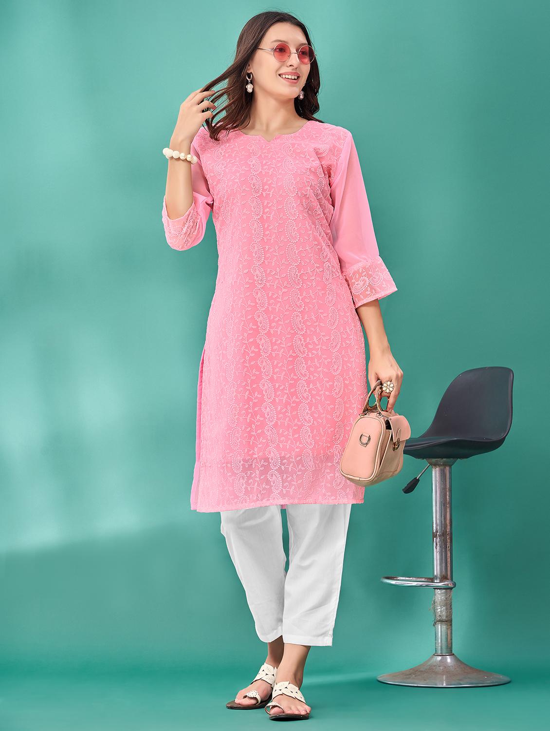 women solid with work three quarter sleeve straight kurta - 21992379 - Zoom Image - 0