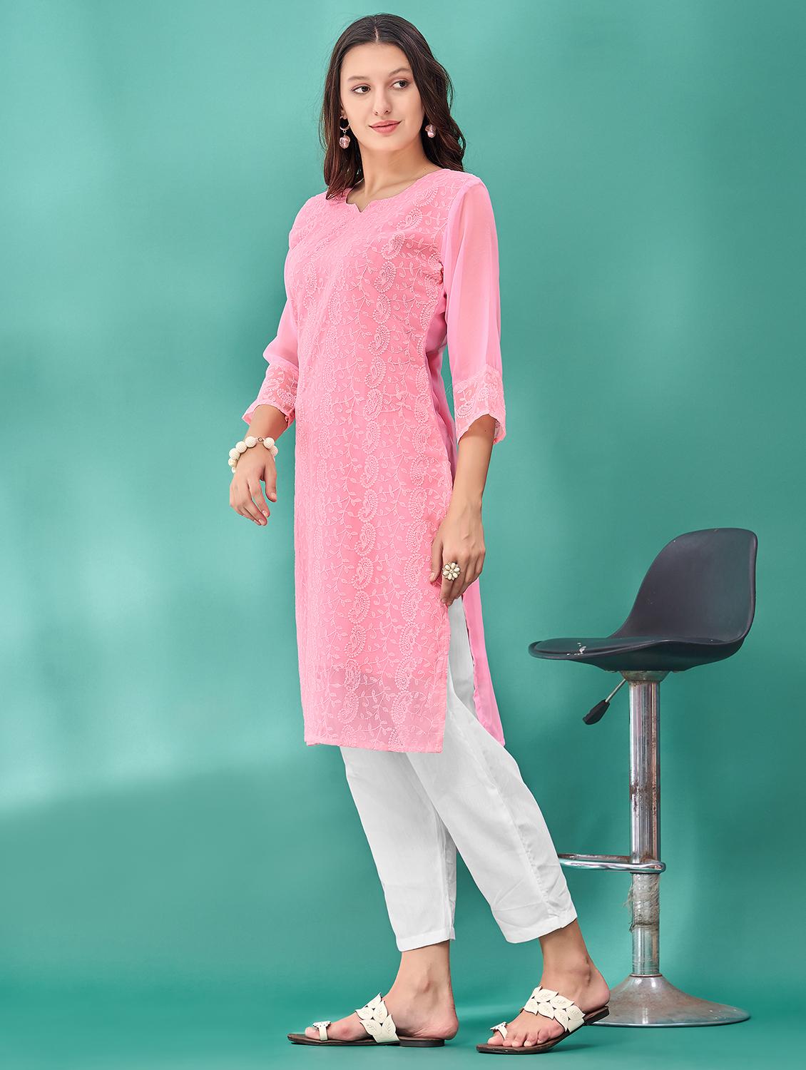 women solid with work three quarter sleeve straight kurta - 21992379 - Standard Image - 2