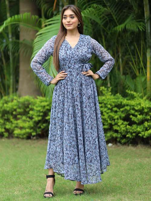 women printed long sleeve fit & flare maxi dress - 21992383 -  Standard Image - 0