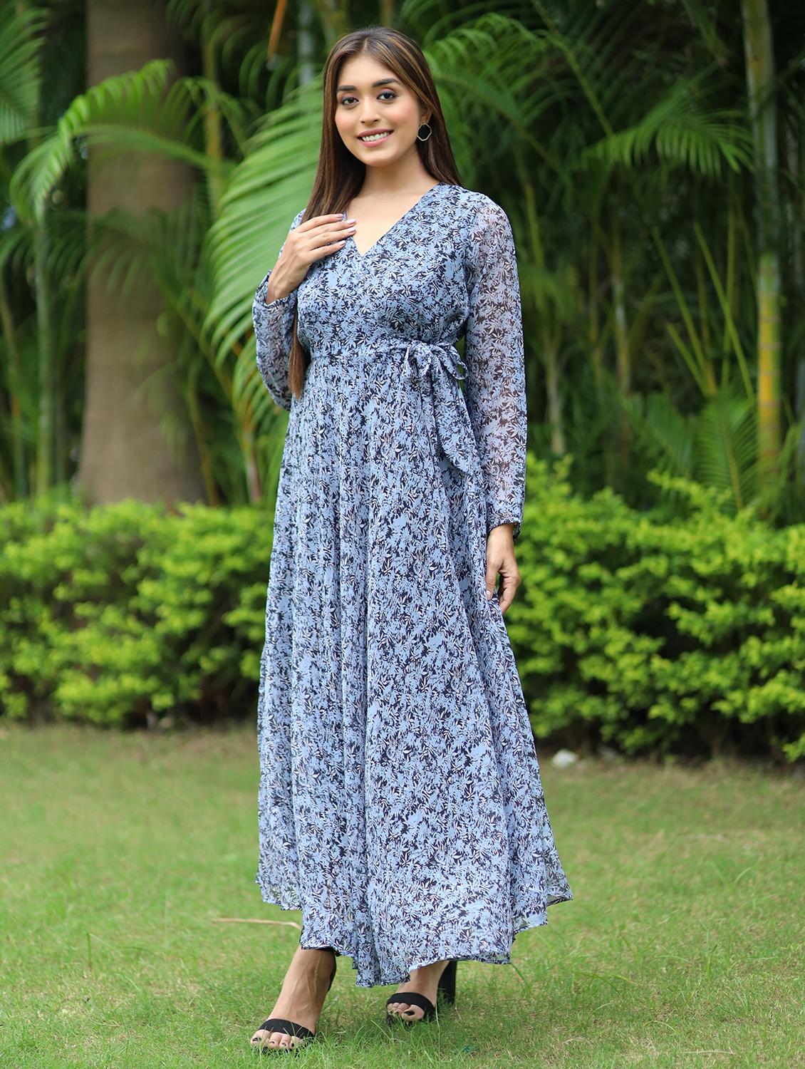 women printed long sleeve fit & flare maxi dress - 21992383 - Standard Image - 2