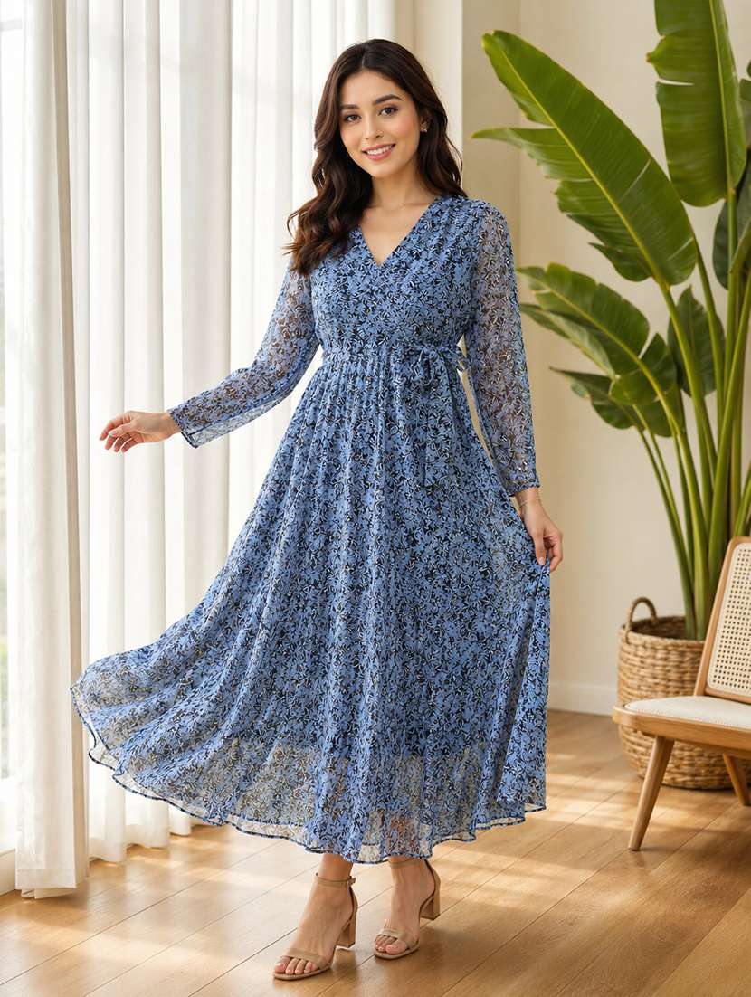 women printed long sleeve fit & flare maxi dress - 21992383 -  Standard Image - 2