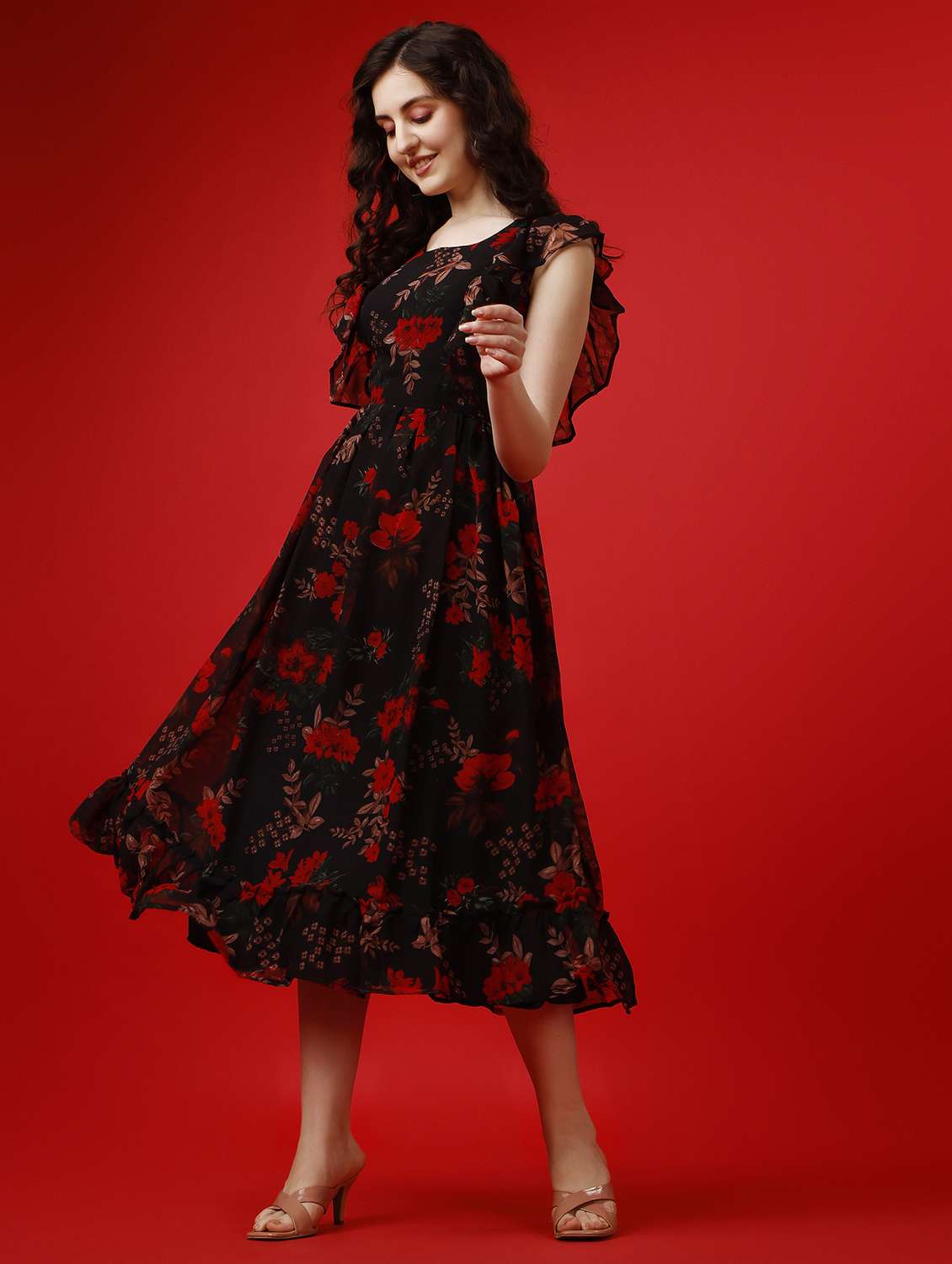 women floral print ruffle sleeve fit & flare dress - 21992384 -  Standard Image - 2