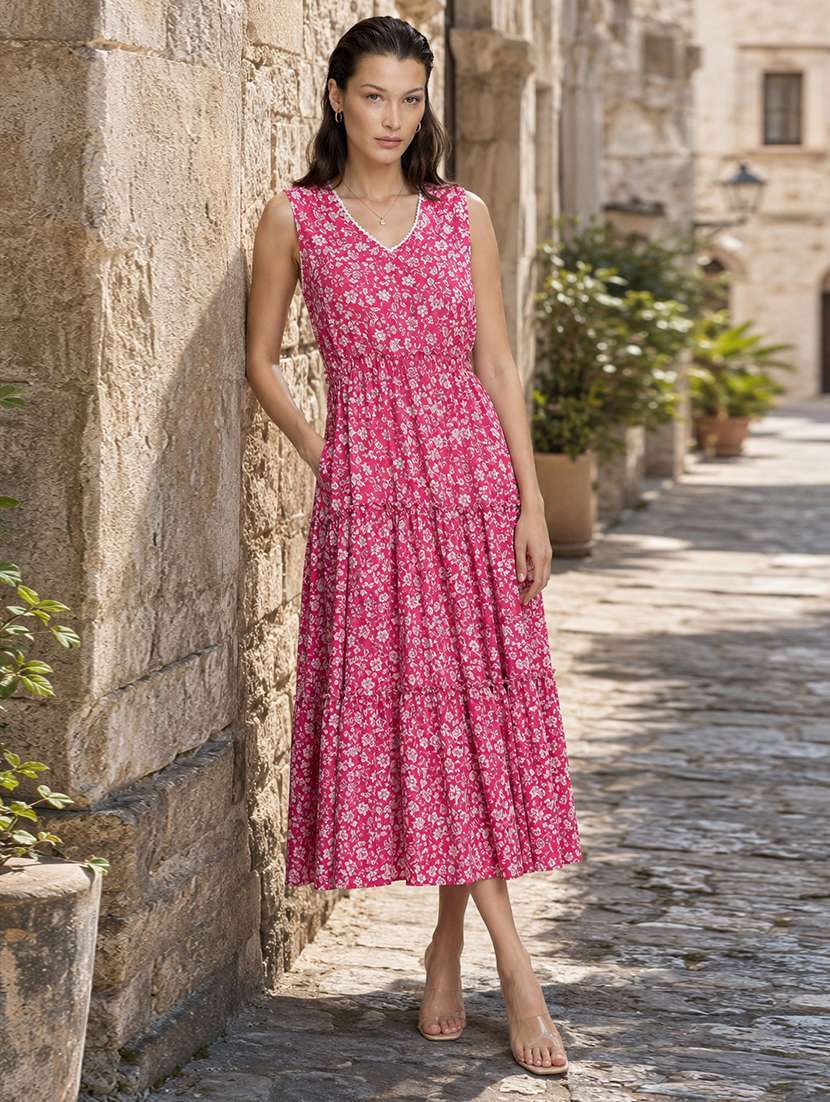 women floral print sleeveless tiered dress