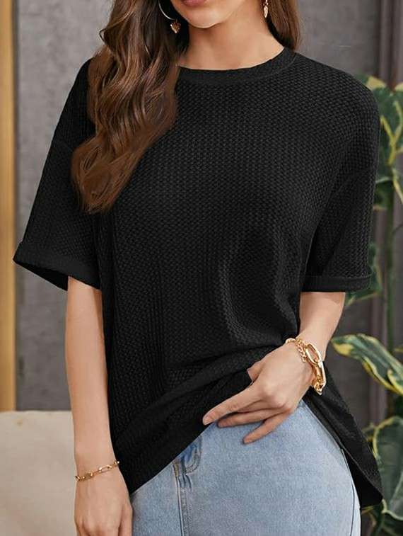 women solid short sleeve relaxed fit knitted top - 21992400 -  Standard Image - 2