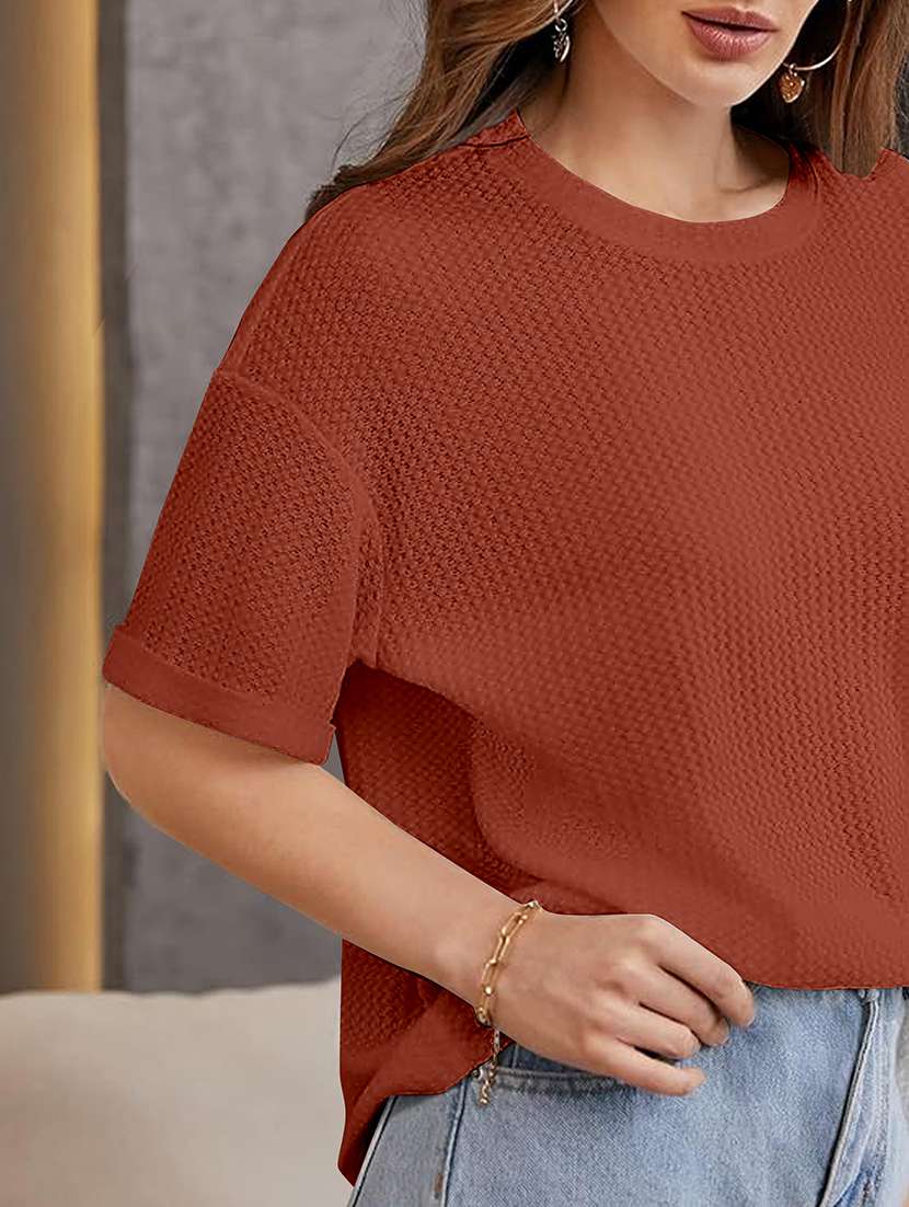 women solid short sleeve relaxed fit knitted top - 21992401 -  Standard Image - 2