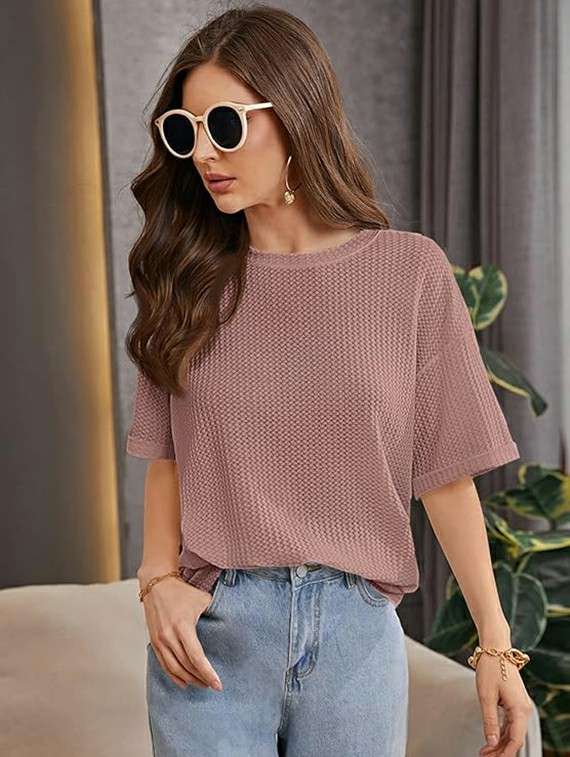 women solid short sleeve relaxed fit knitted top