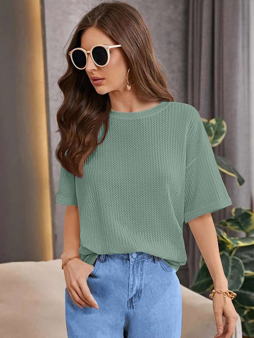 women solid short sleeve relaxed fit knitted top