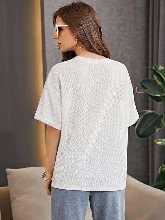 women solid short sleeve relaxed fit knitted top - 21992404 -  Standard Image - 2