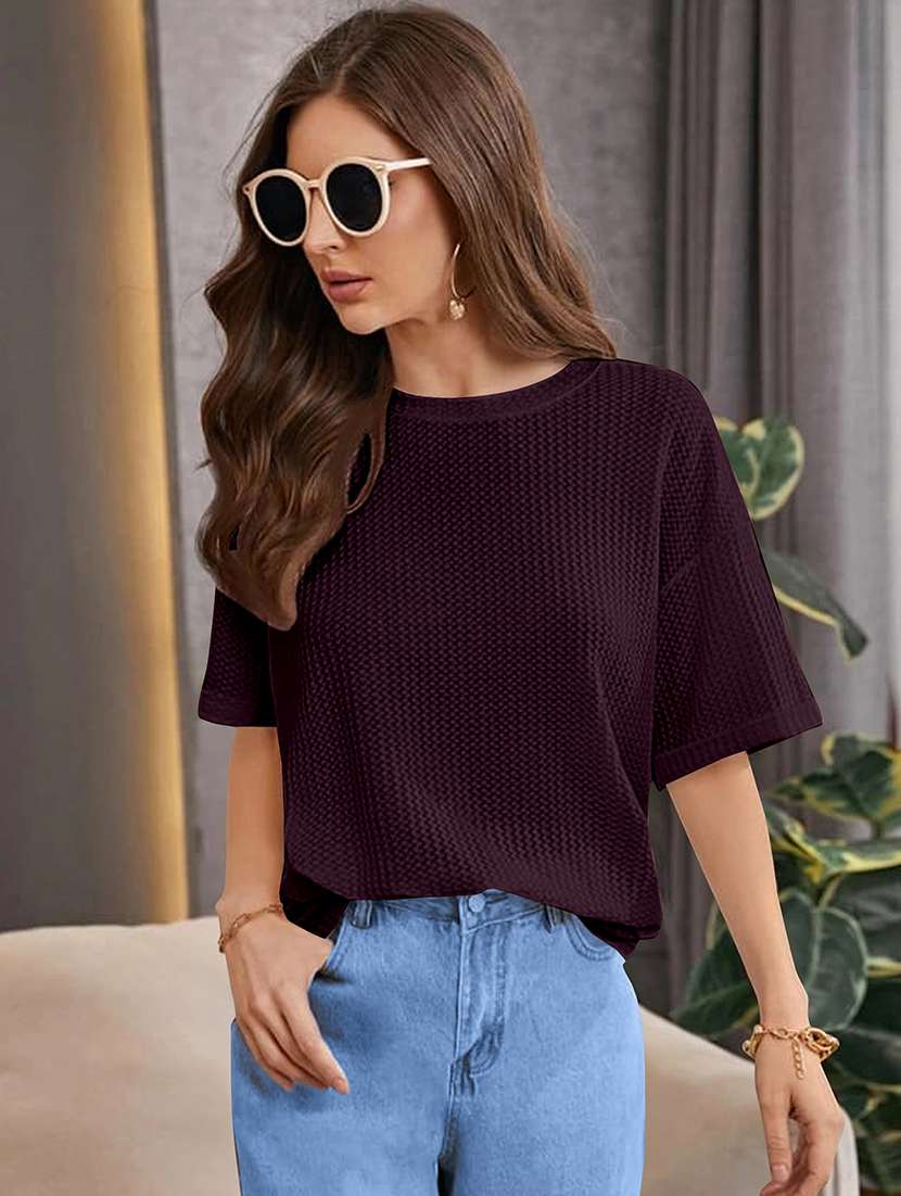 women solid short sleeve relaxed fit knitted top
