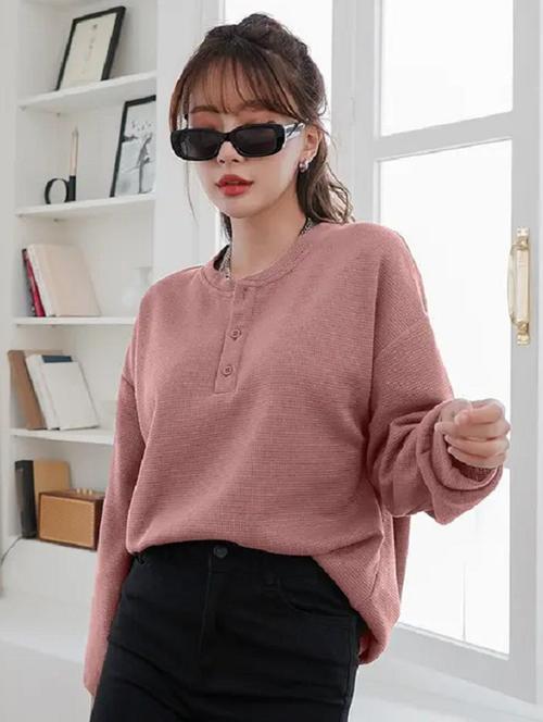 women solid long sleeve loose fit winter top - 21992407 - Standard Image - 0
