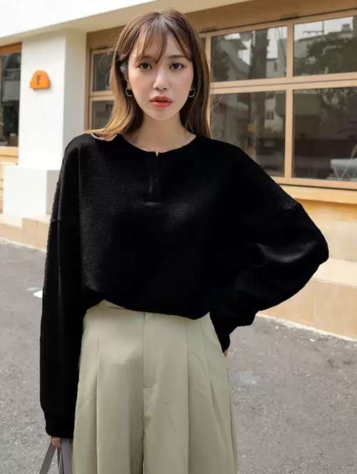women solid long sleeve loose fit winter top