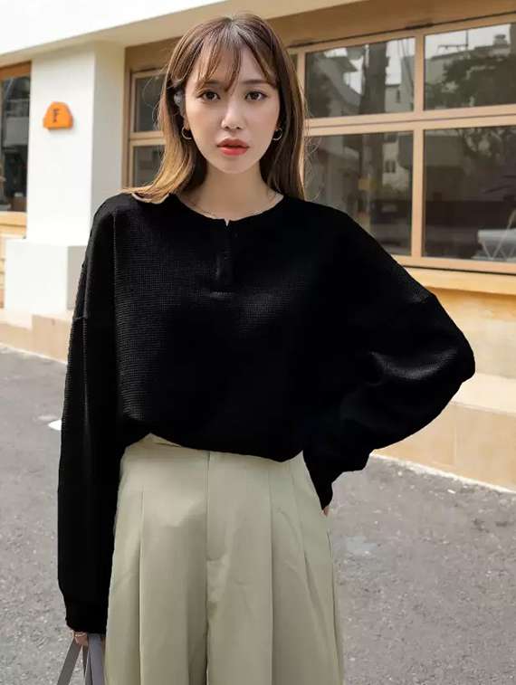 women solid long sleeve loose fit winter top