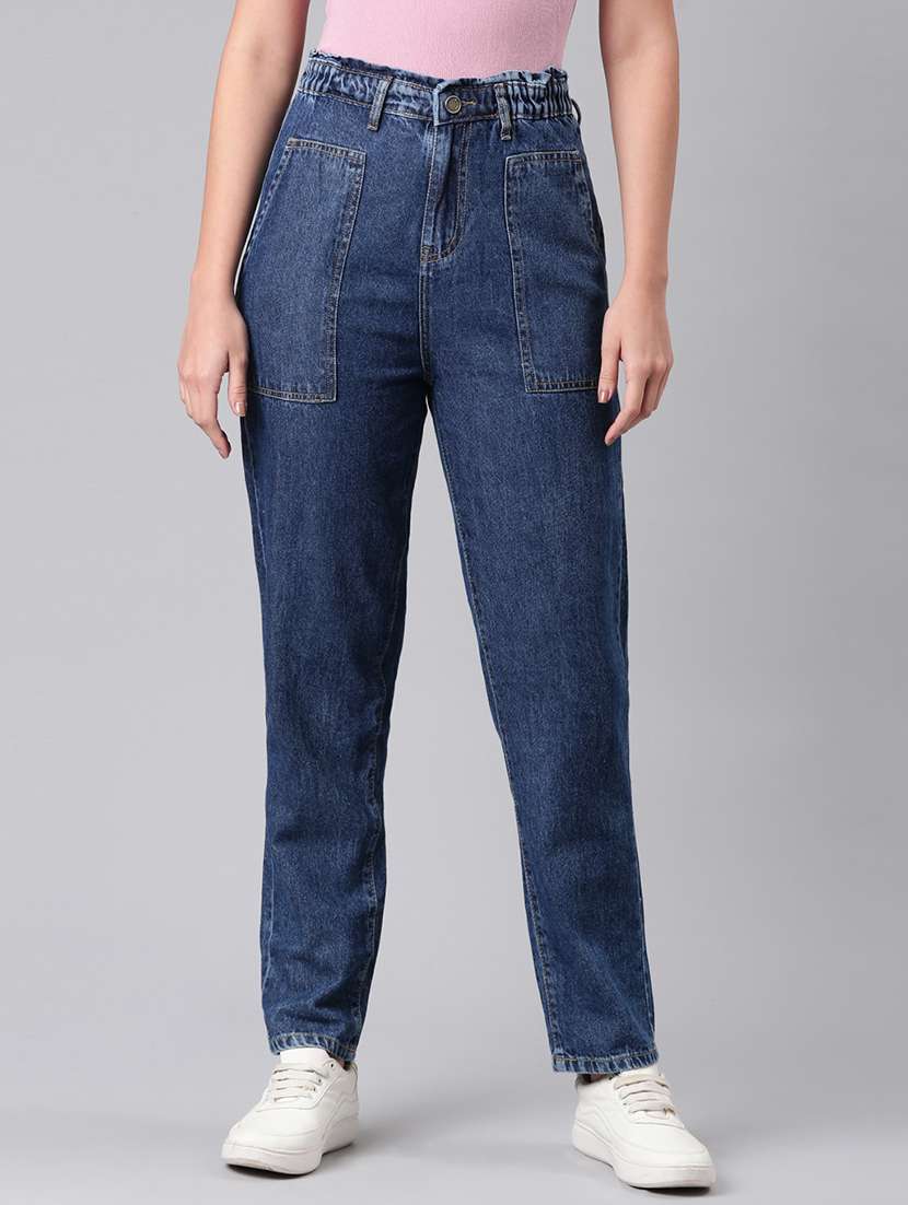 women solid high rise straight fit jean