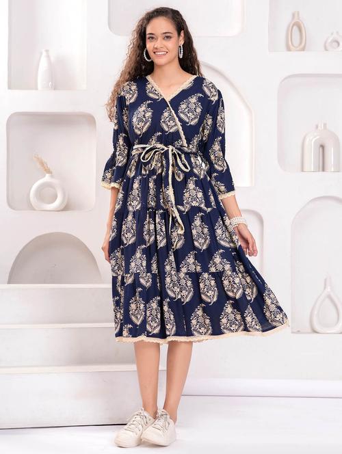 women printed bell sleeve tiered dress - 21992444 - Standard Image - 0