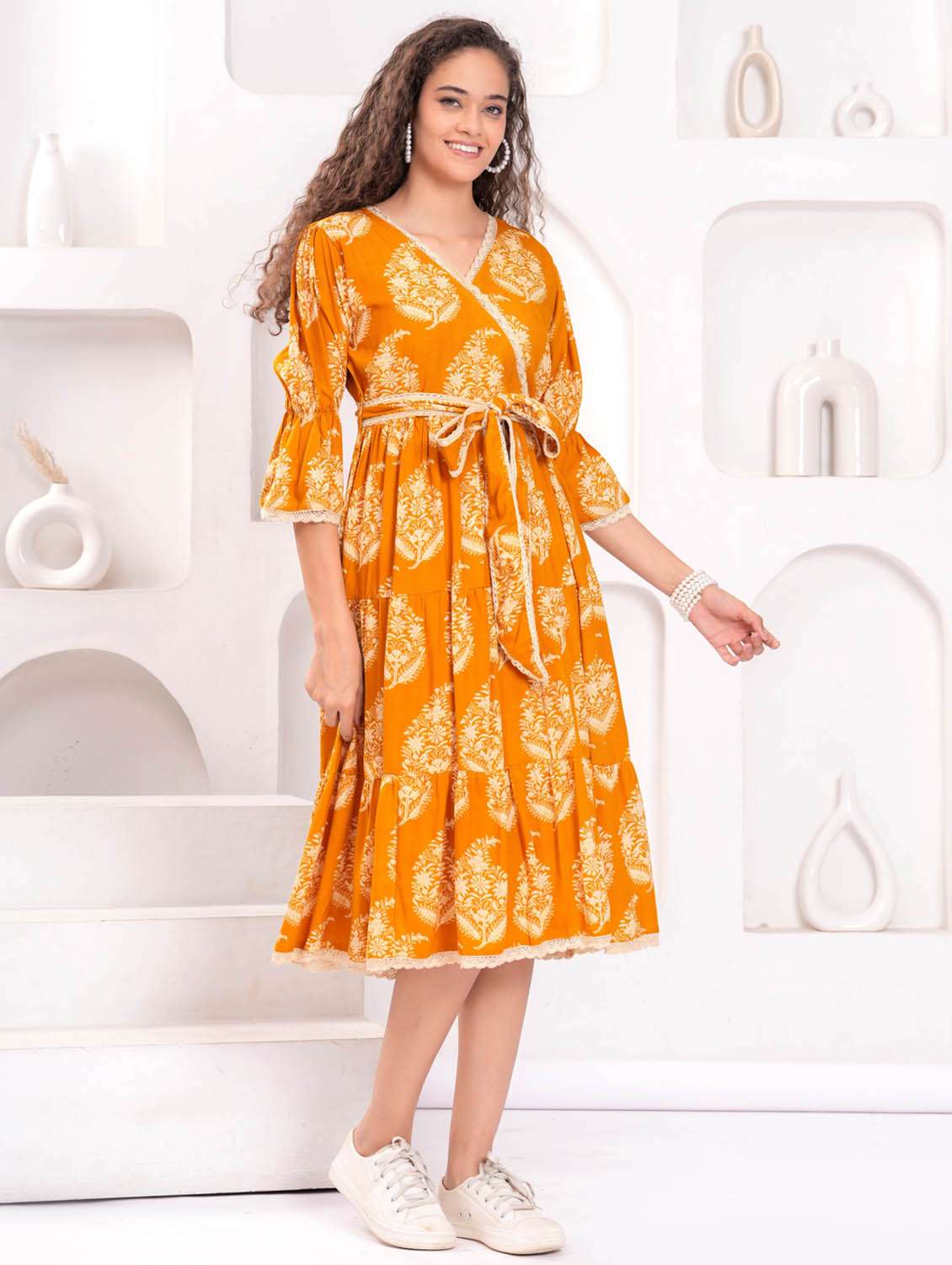 women printed bell sleeve tiered dress - 21992445 - Standard Image - 2