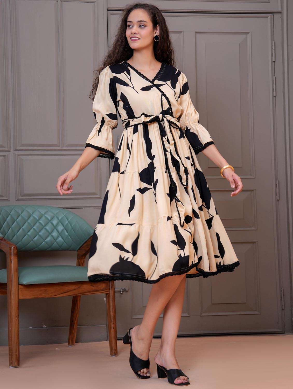 women printed bell sleeve tiered dress - 21992446 -  Standard Image - 2
