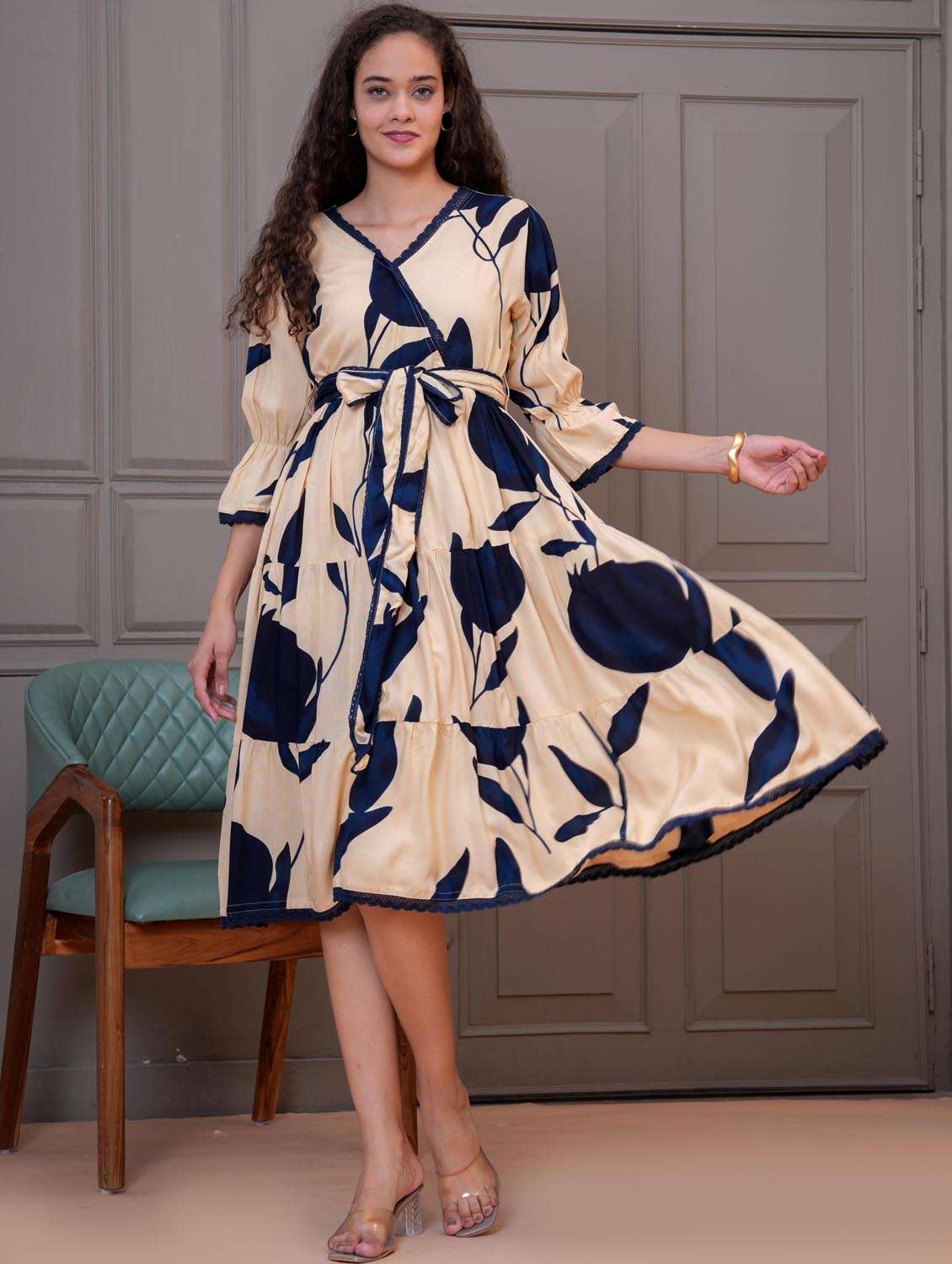 women printed bell sleeve tiered dress - 21992447 - Standard Image - 2