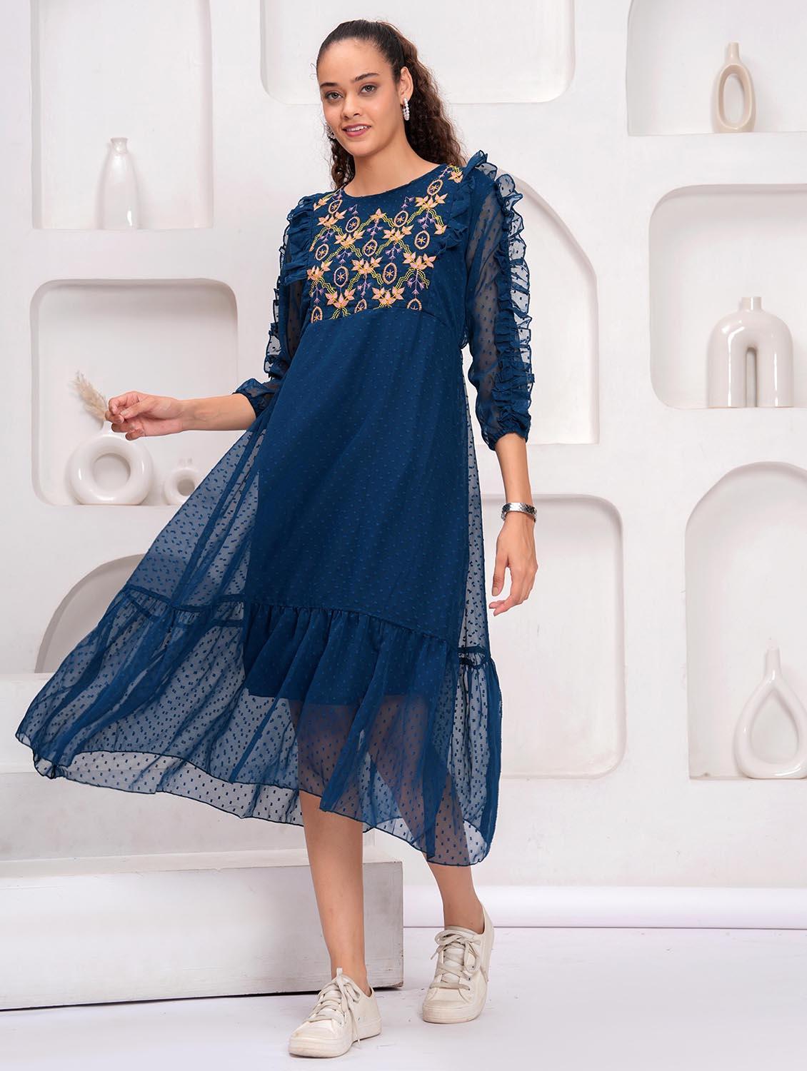women embroidered round neck tiered dress - 21992458 - Standard Image - 2