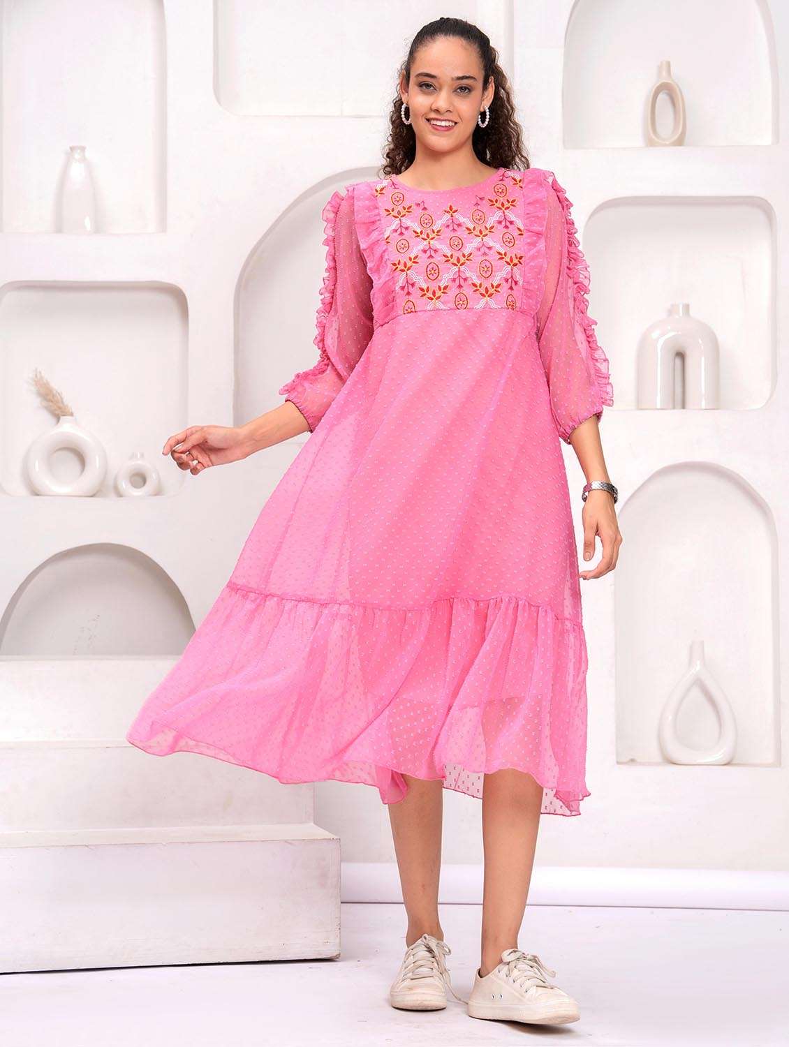 women embroidered round neck tiered dress