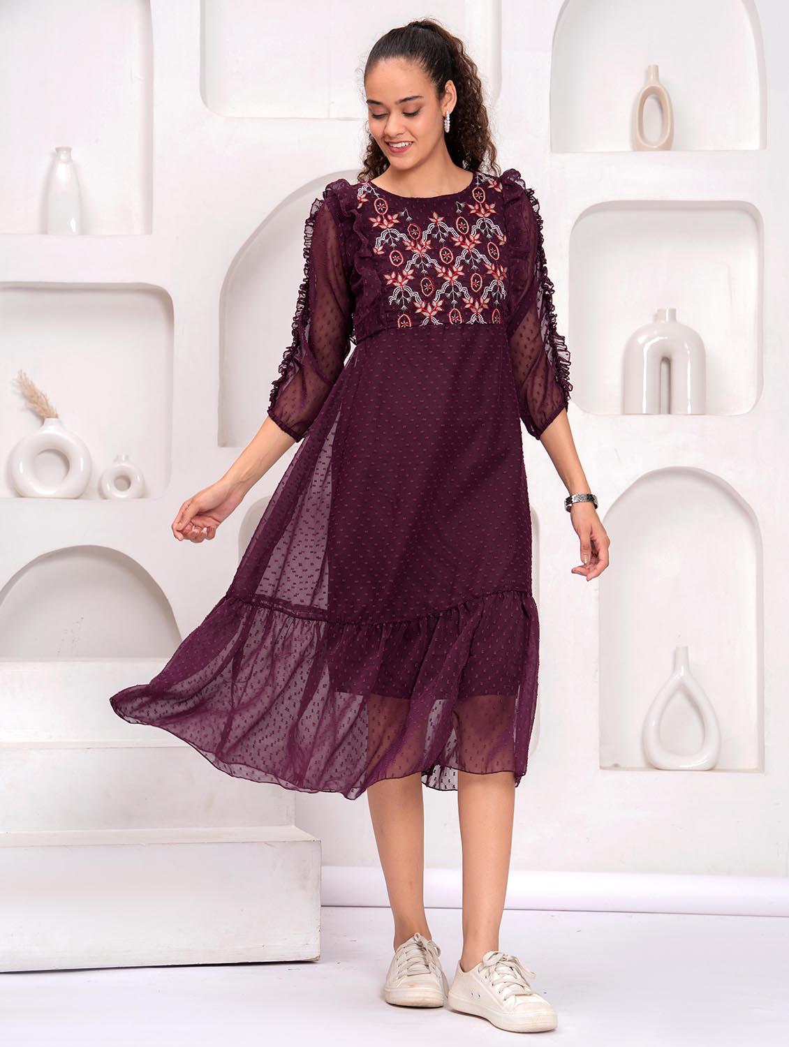 women embroidered round neck tiered dress - 21992460 - Standard Image - 2