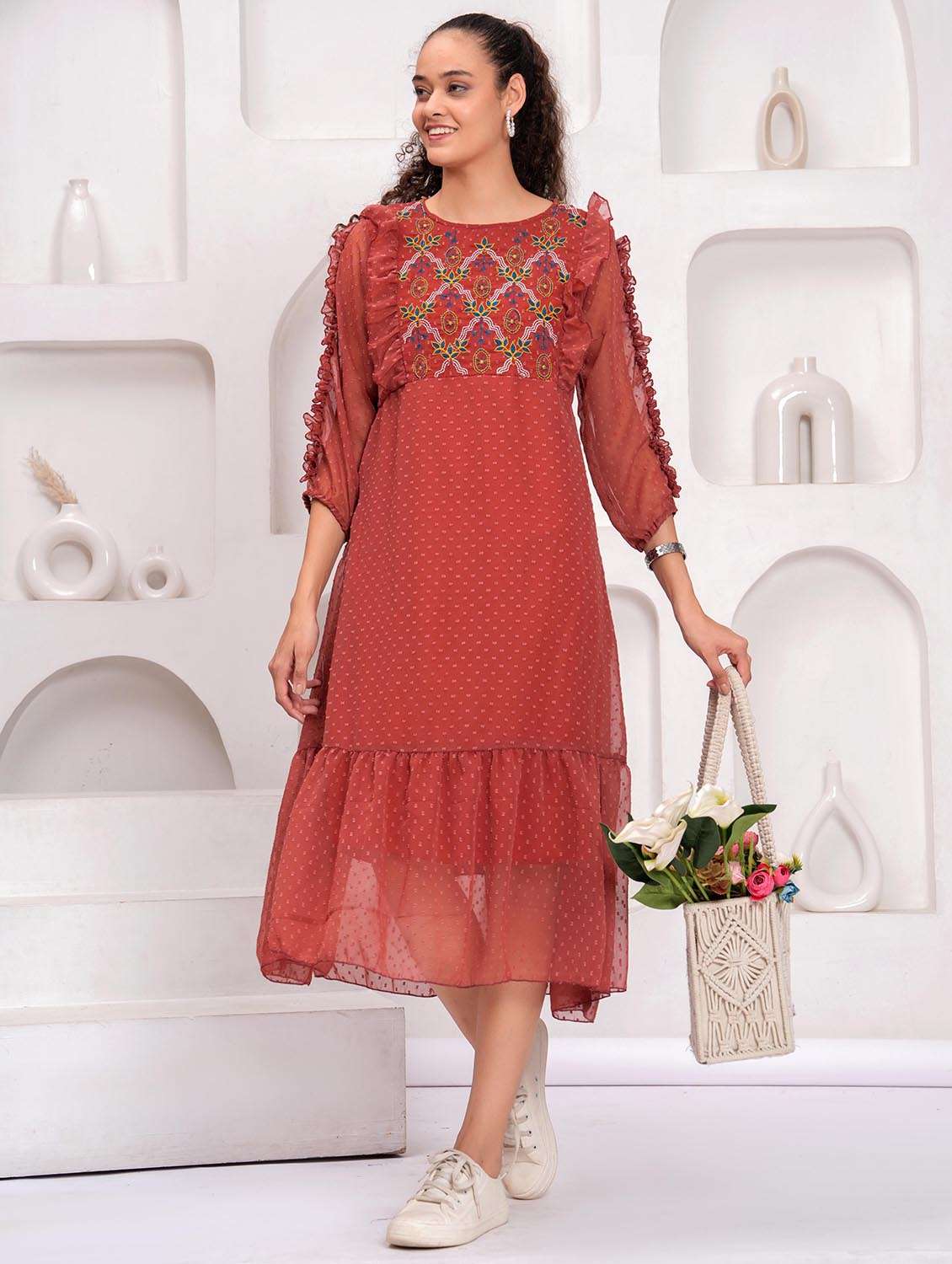 women embroidered round neck tiered dress