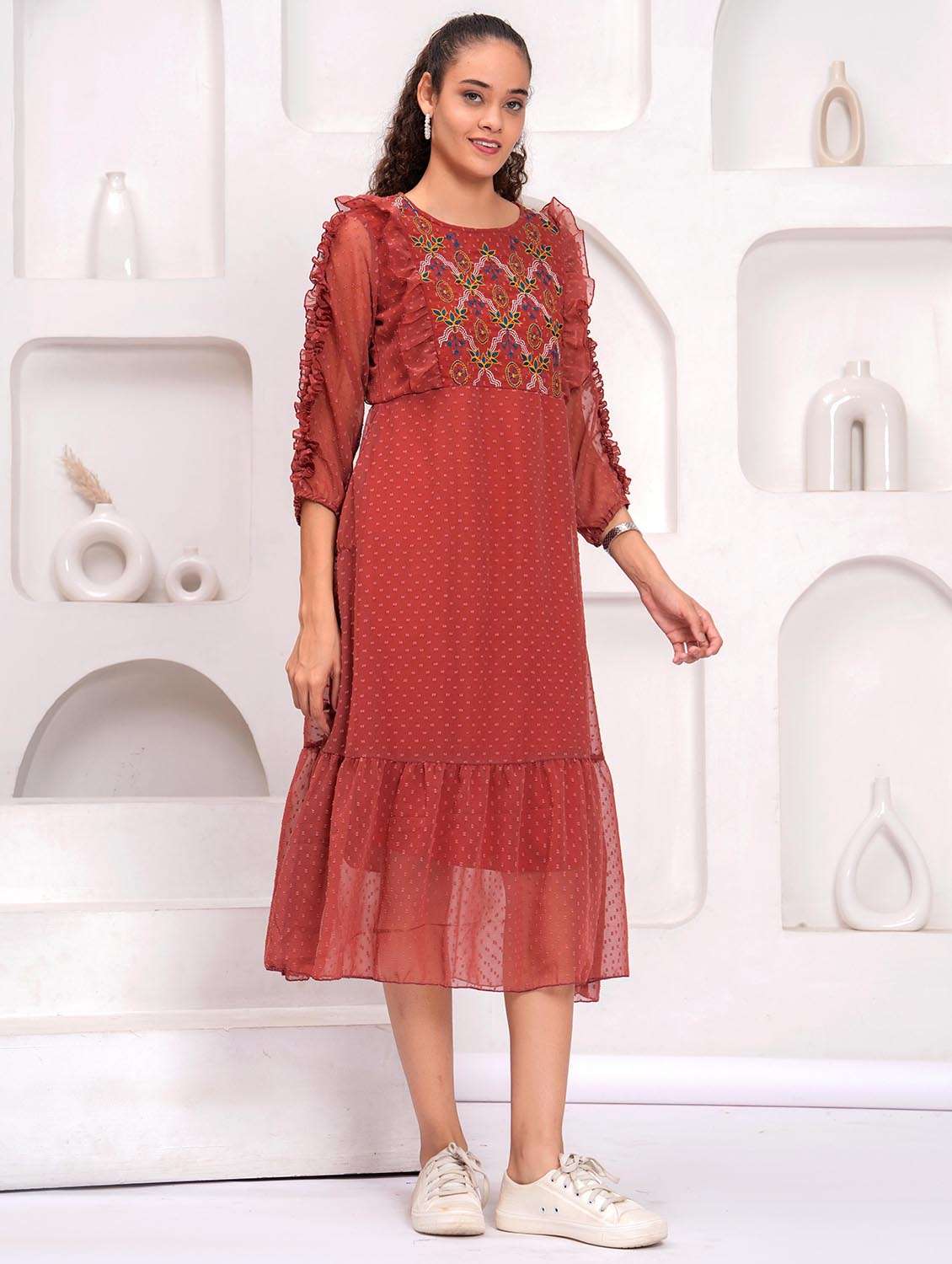 women embroidered round neck tiered dress - 21992461 - Standard Image - 2