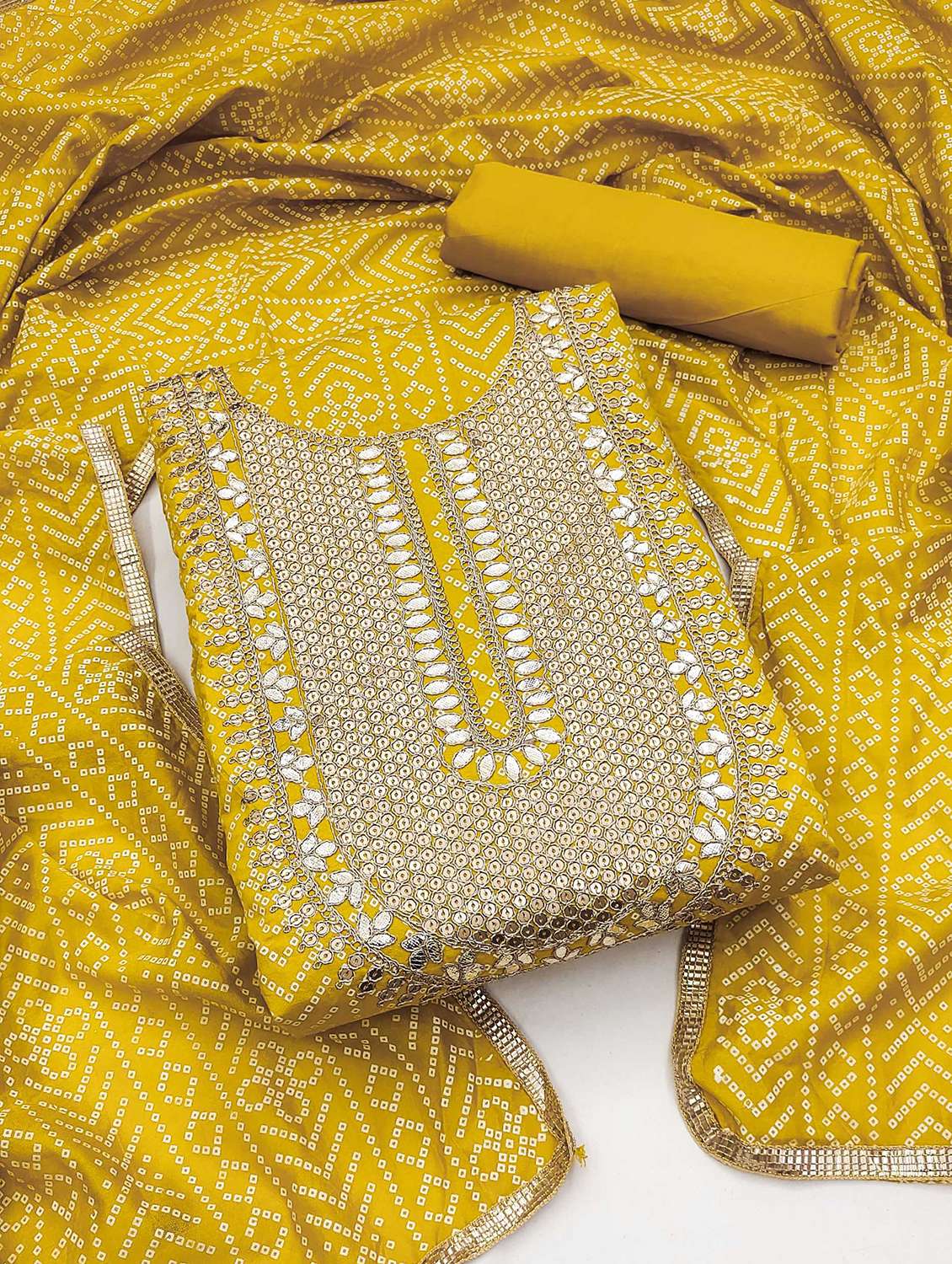 women bandhani printed embroidered unstitched suit set