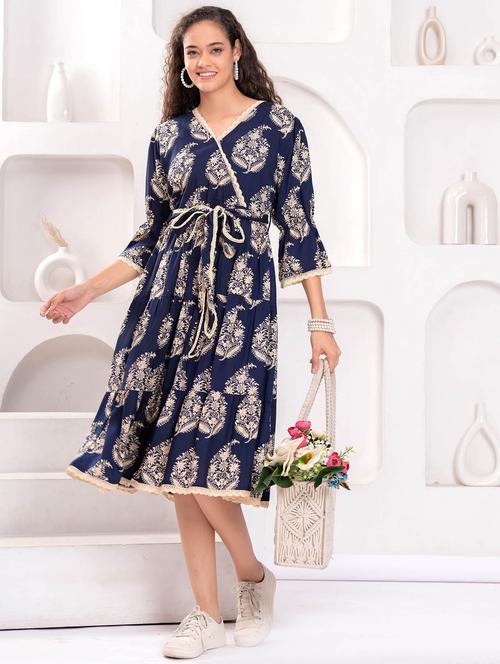 women printed bell sleeve tiered dress - 21992482 - Standard Image - 0