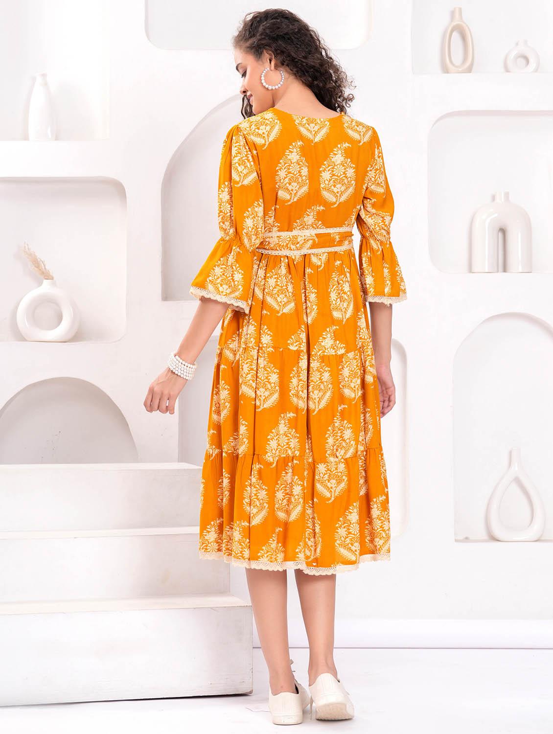 women printed bell sleeve tiered dress - 21992483 - Standard Image - 2