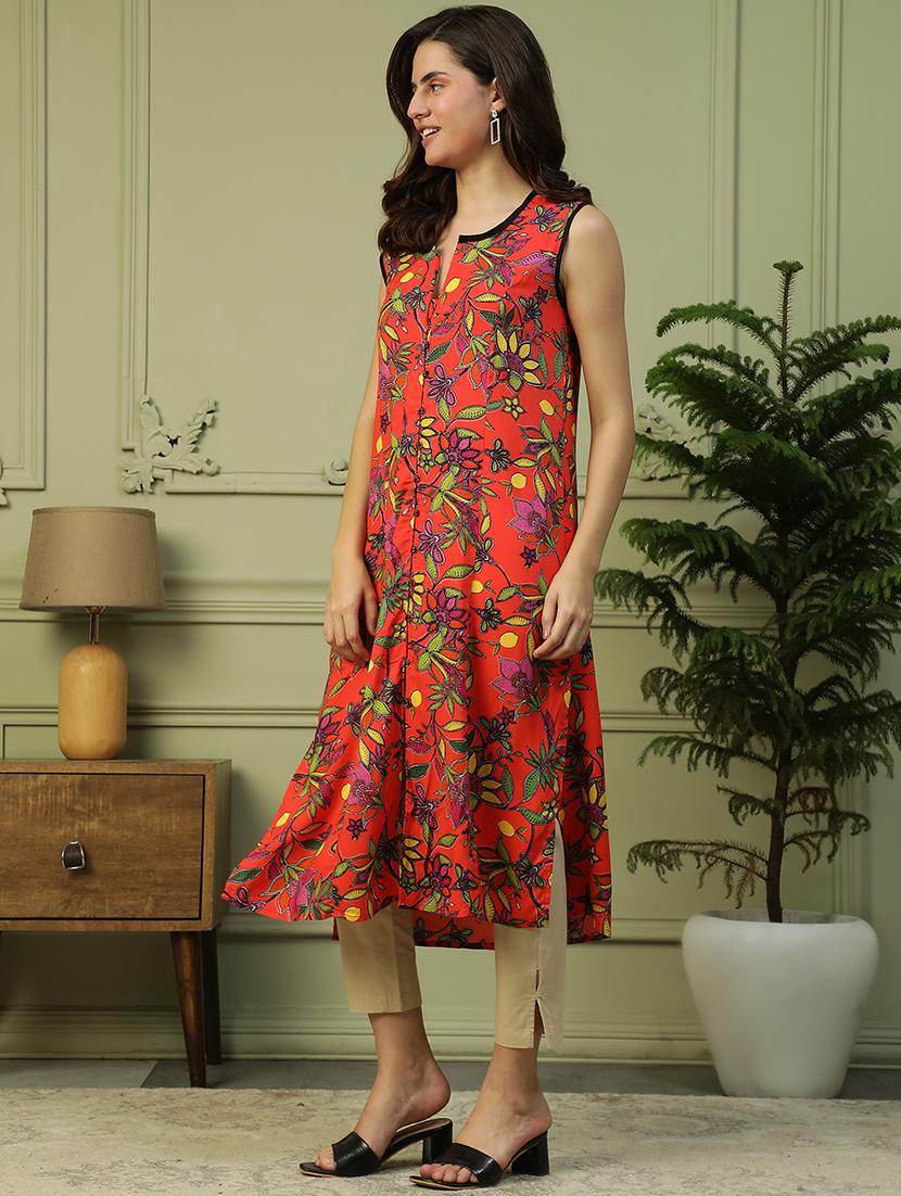 women floral print notch neck sleeveless a-line kurta - 21992516 - Standard Image - 2