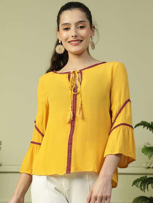 women yellow solid tie up neck regular top - 21992522 -  Standard Image - 0