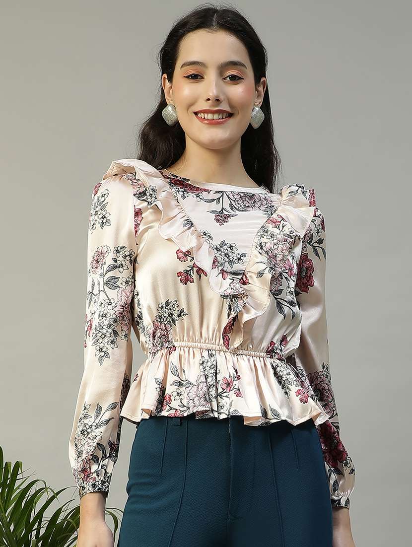 women floral print long sleeve ruffle top