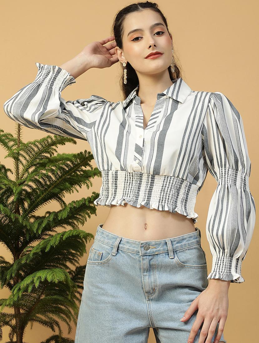 women white collared puff sleeve crop top - 21992528 -  Zoom Image - 0
