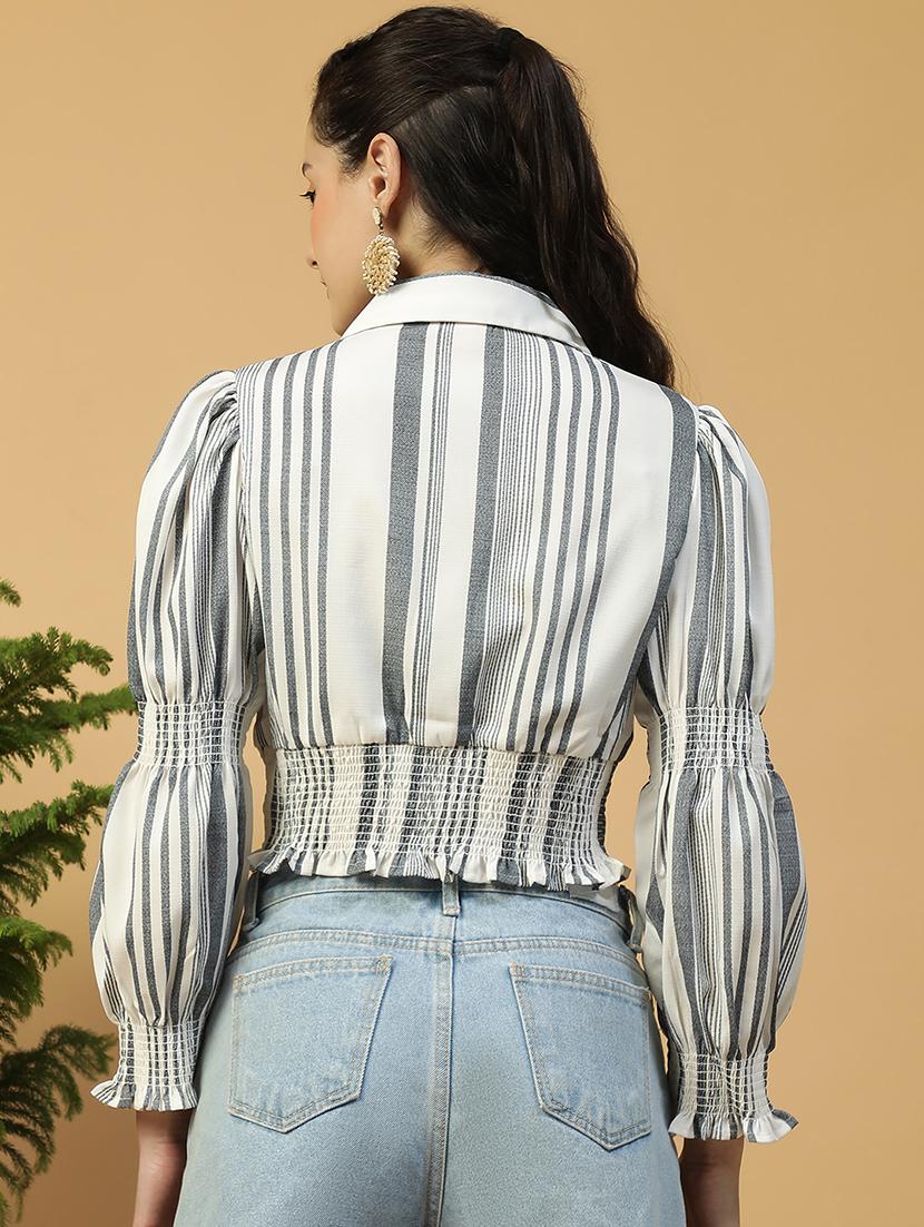 women white collared puff sleeve crop top - 21992528 - Standard Image - 2