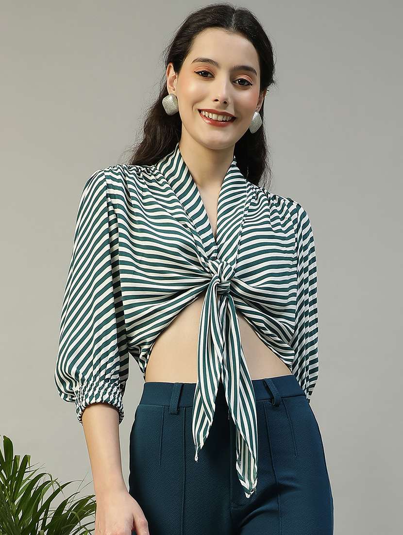 women striped puff sleeve tie-up crop top