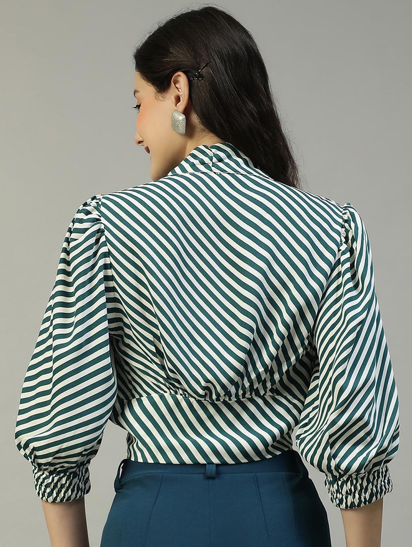 women striped puff sleeve tie-up crop top - 21992530 - Standard Image - 2