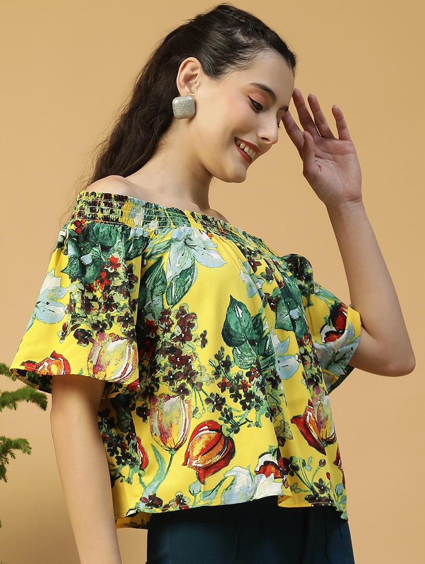women yellow printed off shoulder regular top - 21992535 - Standard Image - 2