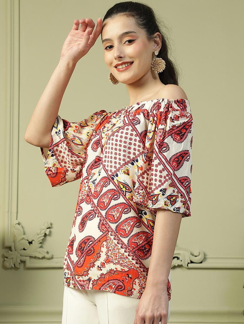 women printed off shoulder regular top - 21992537 - Standard Image - 2