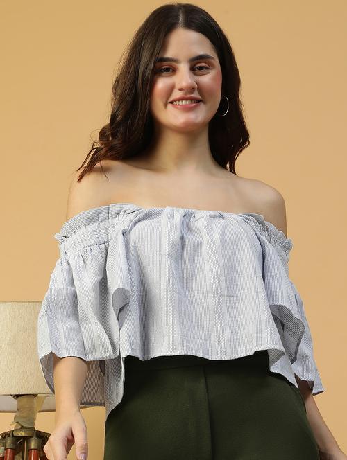 women striped off shoulder flared sleeve crop top - 21992540 - Standard Image - 0