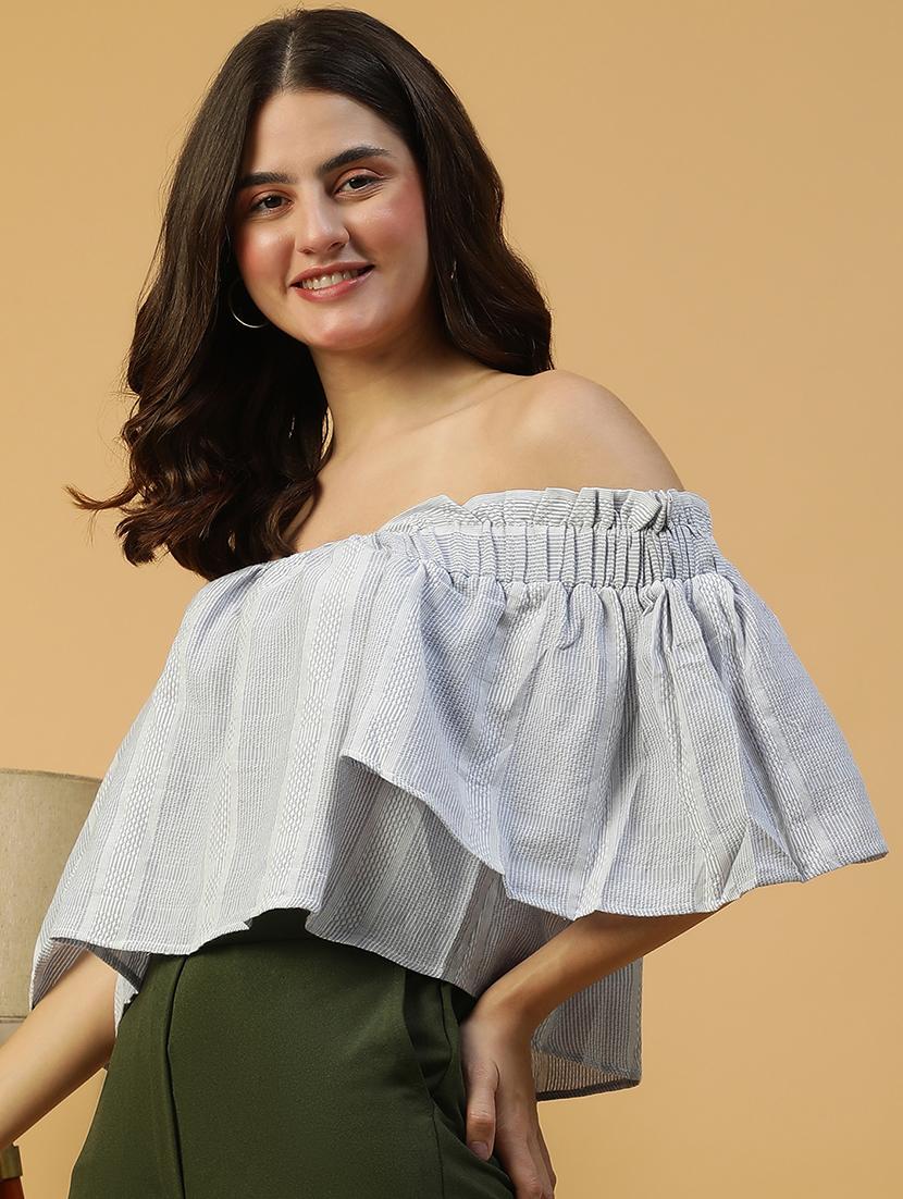 women striped off shoulder flared sleeve crop top - 21992540 - Standard Image - 2