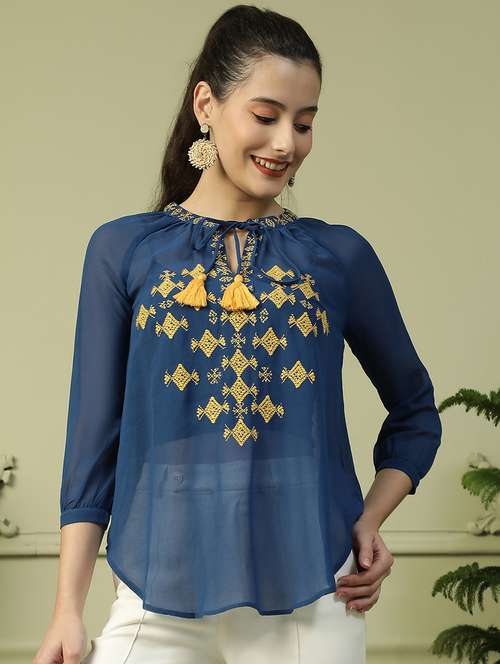 women embroidered tie up neck sheer top - 21992543 - Standard Image - 0
