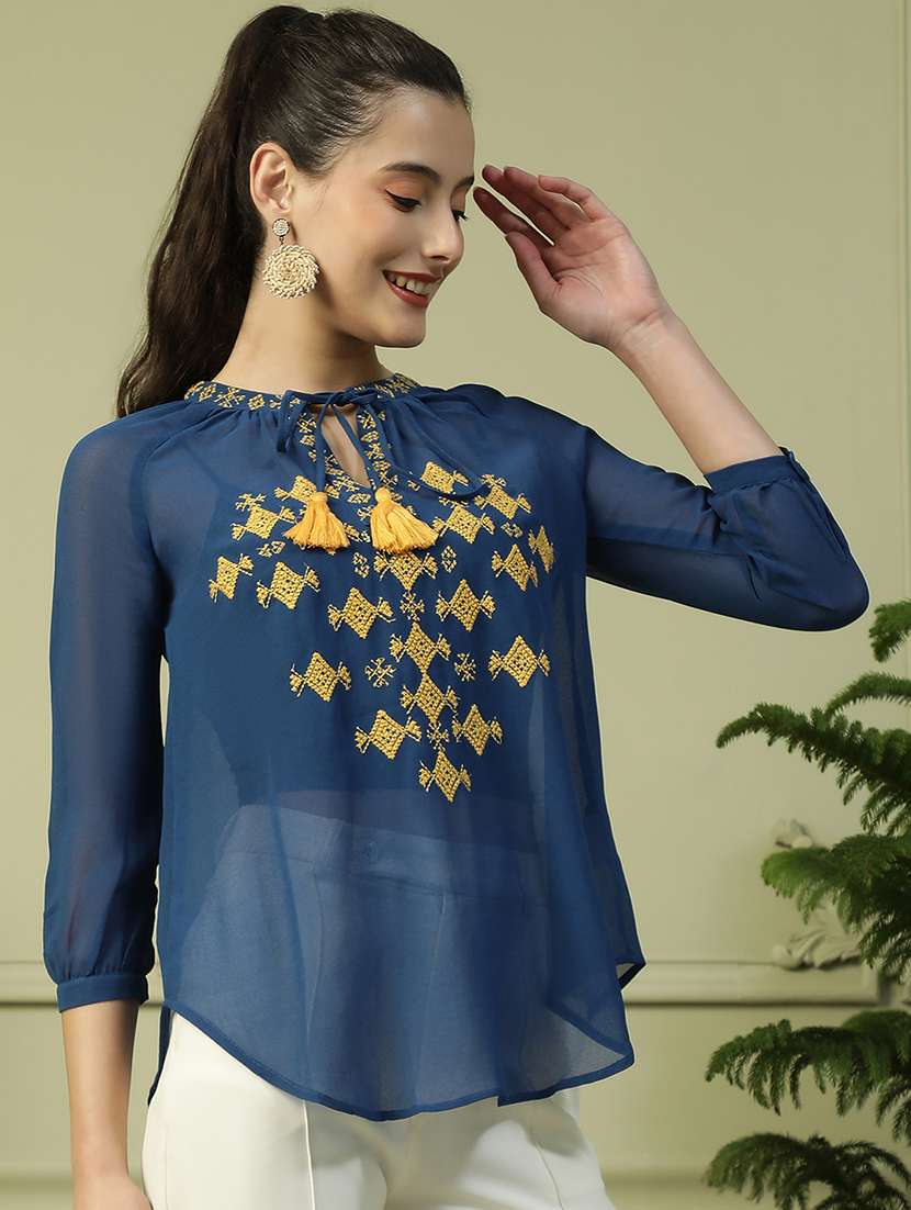 women embroidered tie up neck sheer top - 21992543 - Standard Image - 2