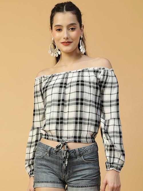 women checkered off shoulder crop top - 21992544 - Standard Image - 0