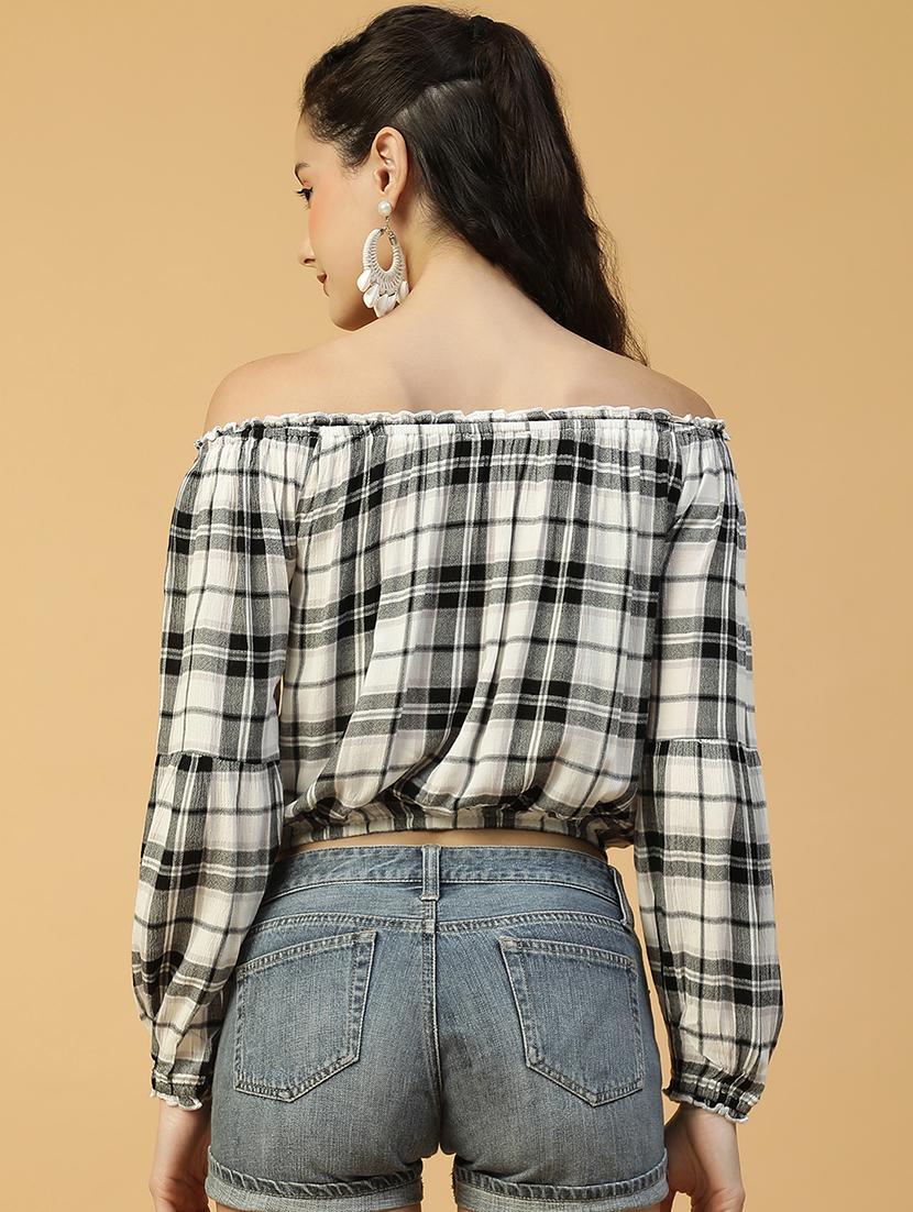 women checkered off shoulder crop top - 21992544 - Standard Image - 2