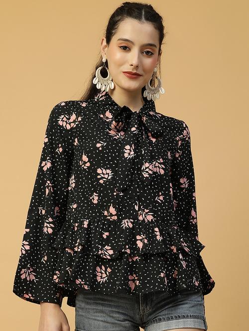 womenfloral print tie-up neck bell sleeve flared top - 21992553 - Standard Image - 0