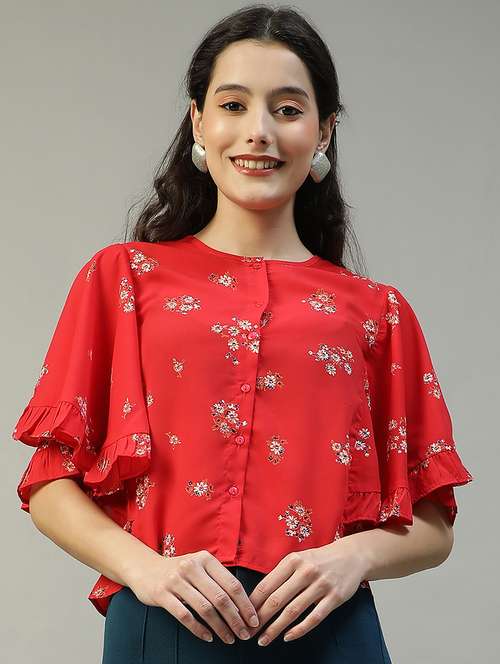 women floral print flared sleeve crop top - 21992555 - Standard Image - 0