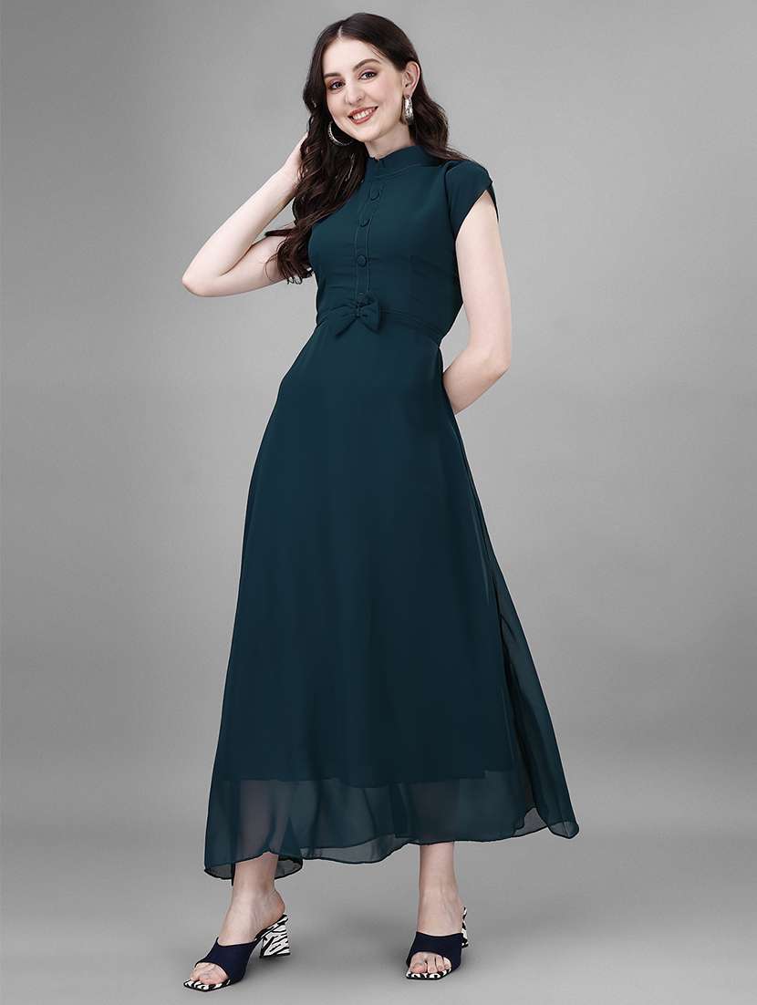 women solid cap sleeve fit & flare maxi dress