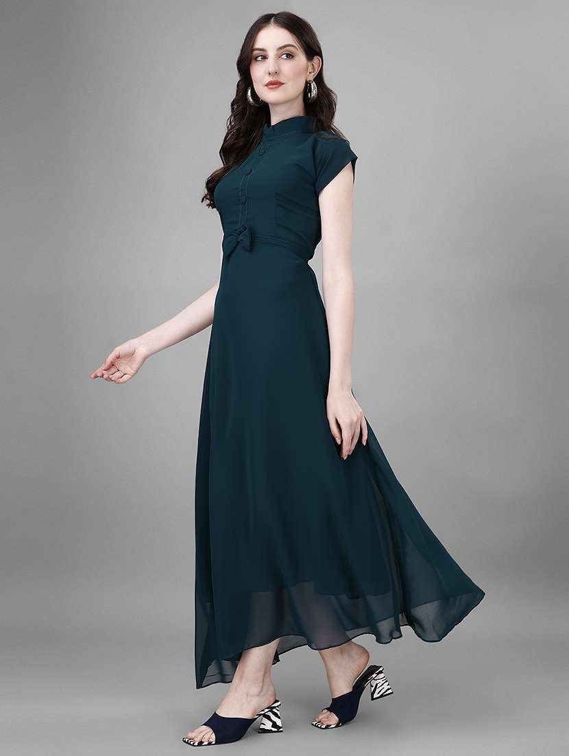 women solid cap sleeve fit & flare maxi dress - 21992601 -  Standard Image - 2