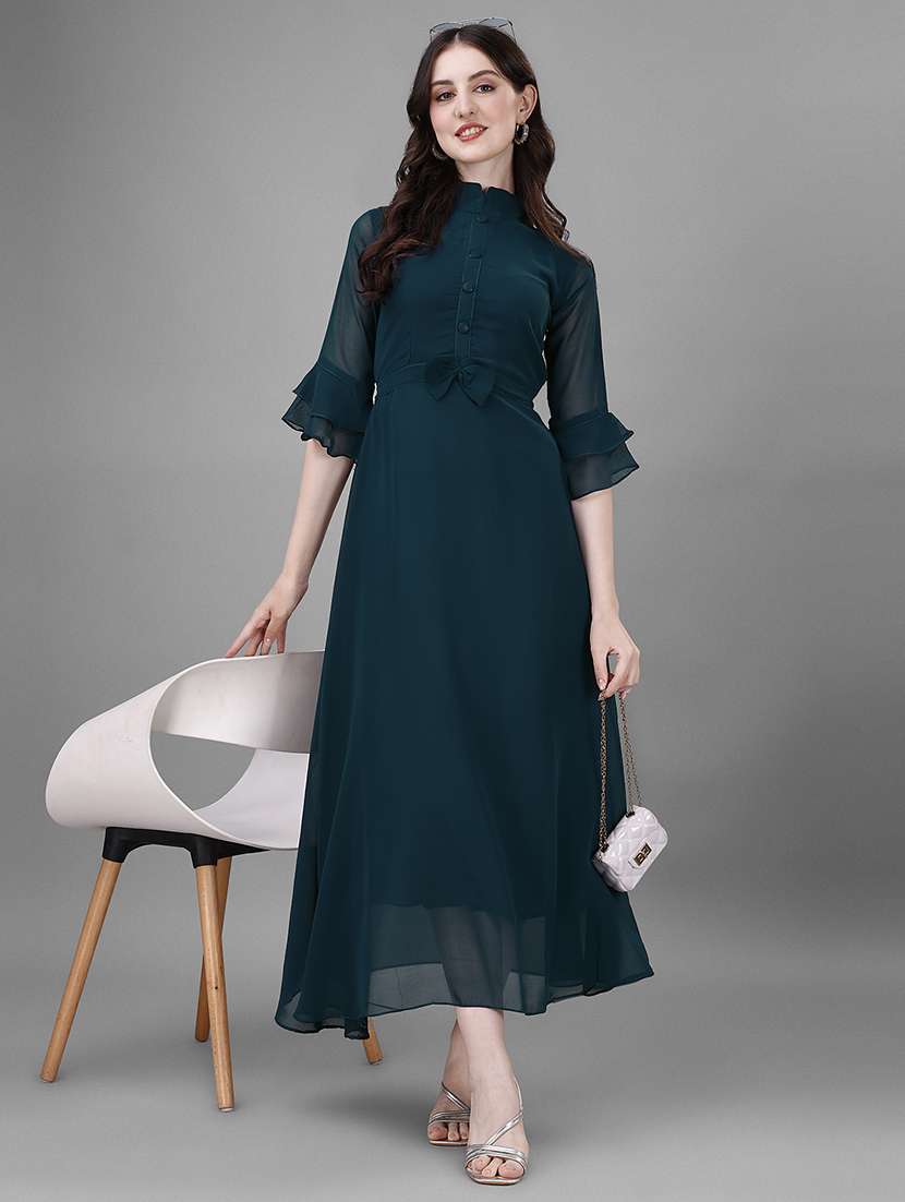 women solid mandarin neck fit & flare maxi dress