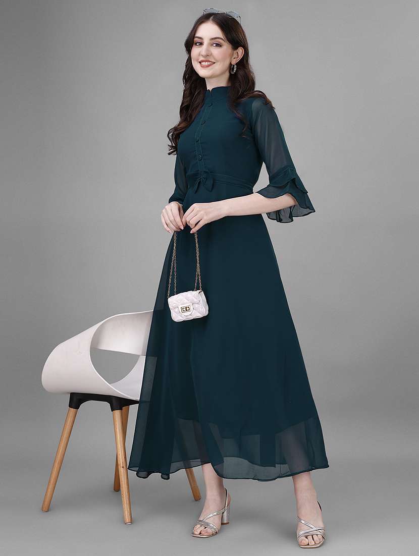 women solid mandarin neck fit & flare maxi dress